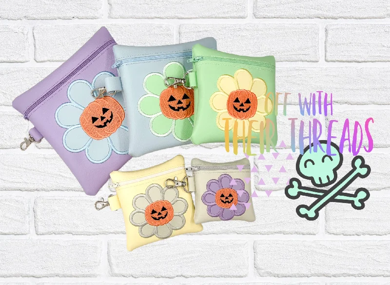 DIGITAL DOWNLOAD Applique Pumpkin Flower Jack O Lantern Daisy Zipper Bag Set 5 SIZES INCLUDED