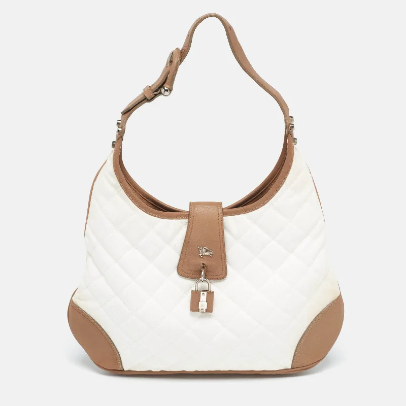 Burberry White/brown Quilted Canvas And Leather Brooke Hobo