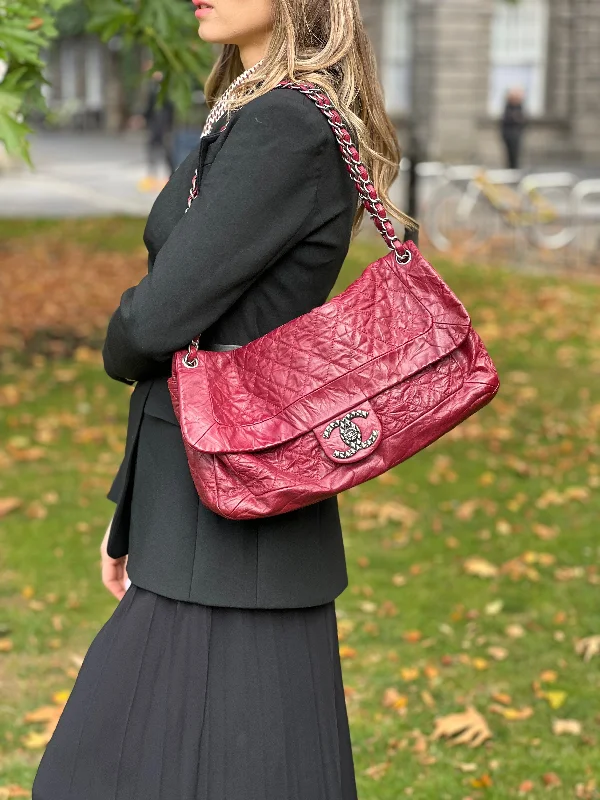 Chanel Red Calfskin Leather "On The Road" Large Flap Shoulder Bag