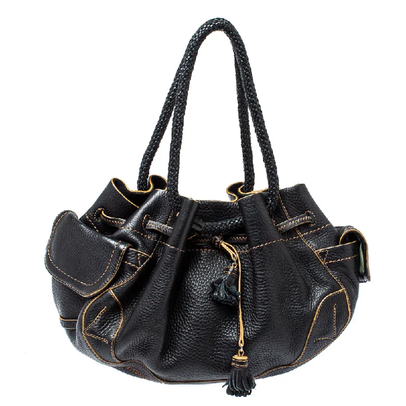 Cole Haan Black Leather Drawstring Braided Handle Hobo