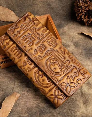 Handmade Long Leather Wallet Carved Vintage Wallet Botton Clucth Purse For Men Women