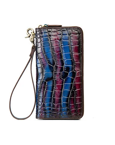 Crocodile Pattern Blue&Purple Leather Wristlet Wallet Womens Zip Around Wallets CONTRAST COLOR Ladies Zipper Clutch Wallets for Women