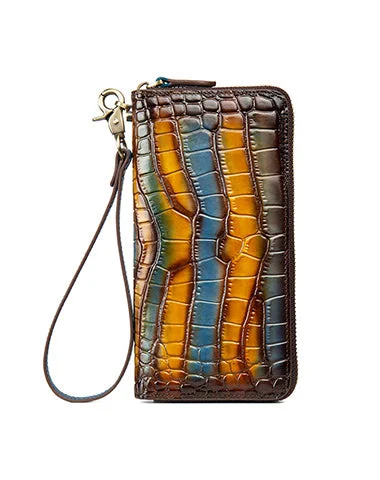 Crocodile Pattern Yellow&Blue Leather Wristlet Wallet Womens Zip Around Wallets CONTRAST COLOR Ladies Zipper Clutch Wallets for Women