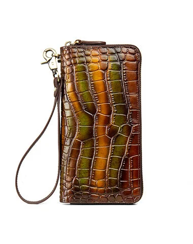 Crocodile Pattern Yellow&Green Leather Wristlet Wallet Womens Zip Around Wallets CONTRAST COLOR Ladies Zipper Clutch Wallets for Women