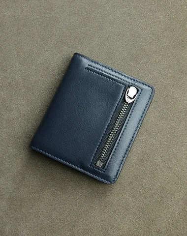 Cute Women Dark Blue Leather Small Bifold Wallet Billfold Wallet with Coin Pocket For Women