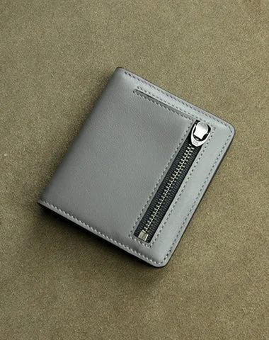 Cute Women Gray Leather Small Bifold Wallet Billfold Wallet with Coin Pocket For Women