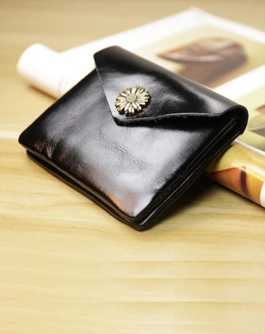 Cute Women Sunflower Black Leather Mini Billfold Wallet Coin Wallets Slim Change Wallets For Women