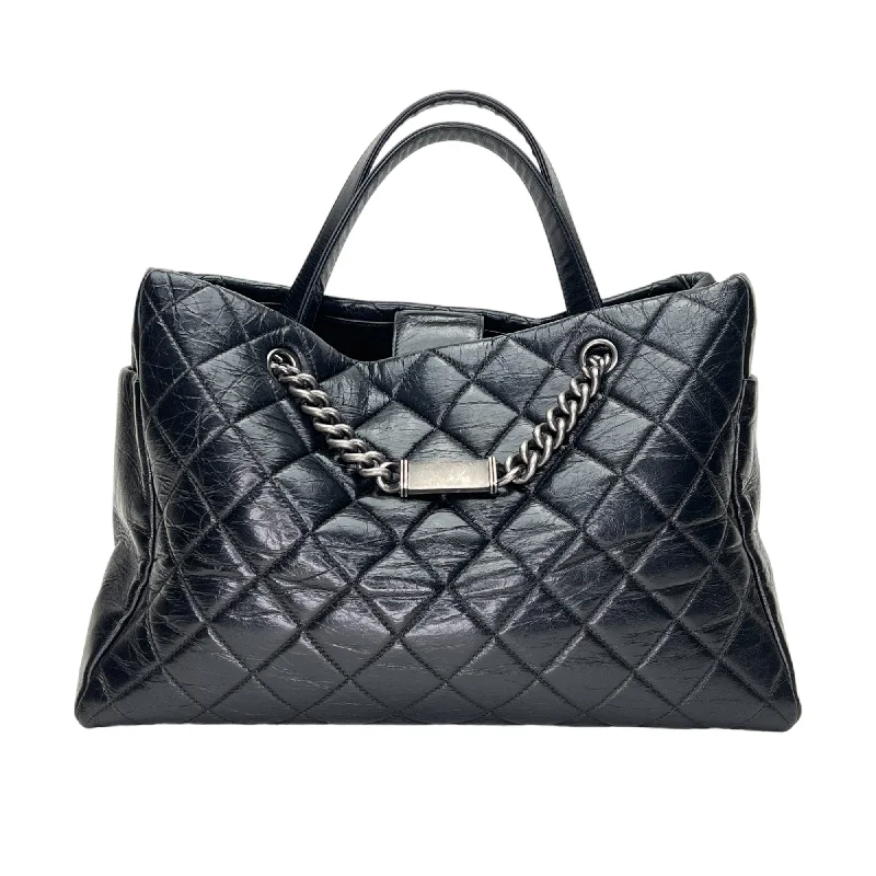 Glazed Quilted Nameplate Tote Black Tote Bag in Calfskin, Ruthenium hardware