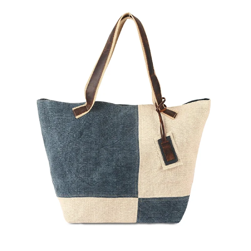 KomalC Tote Bag for Women, Stylish Two-Tone jute & premium leather bag, Ideal for Daily Use, Eco-Friendly Material, Perfect for Shopping, Work, and Casual Outings (Delphinium)