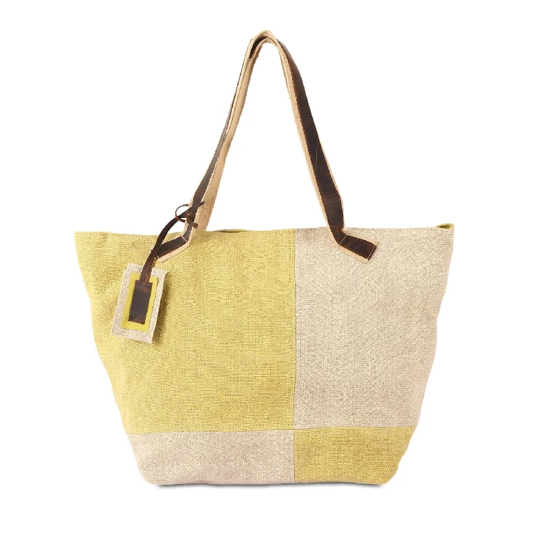 KomalC Tote Bag for Women, Stylish Two-Tone jute & leather bag, Ideal for Daily Use, Eco-Friendly Material, Perfect for Shopping, Work, and Casual Outings (Sunflower)