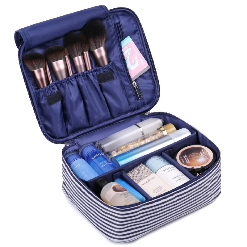 Travel Makeup Bag Large Cosmetic Bag Make up Case Organizer for Women and Girls (Blue Stripe)