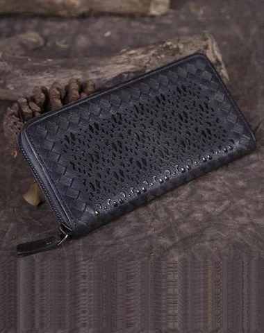 Vintage Womens Black Leather Long Wallet Clutch Brown Zipper Long Woven Wallet Purses for Ladies