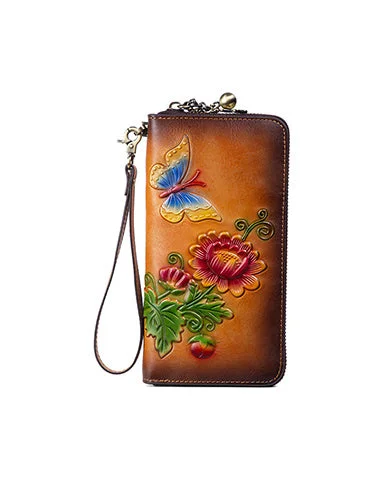 Womens Butterfly&Mums Flower Tan Leather Wristlet Wallets Zip Around Wallet Flower Ladies Zipper Clutch Wallet for Women