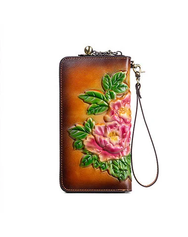 Womens Tan Leather Zip Around Wallets Peony Flower Wristlet Wallets Floral Ladies Zipper Clutch Wallet for Women