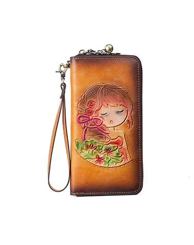 Womens Tan Leather Zip Around Wallets Singing Girl Wristlet Wallets Flower Ladies Zipper Clutch Wallet for Women