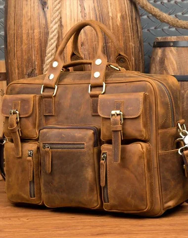 Black Cool Leather Mens Weekender Bag Shoulder Travel Briefcase Duffle Bag Light Brown luggage Bag for Men