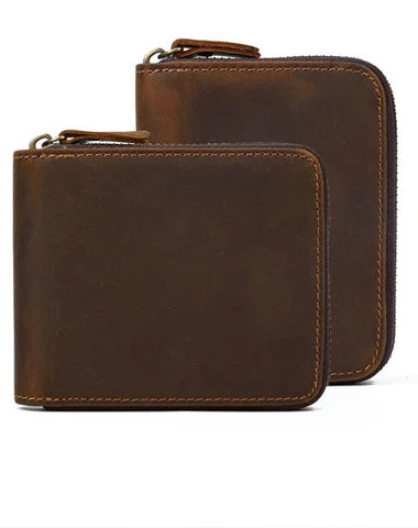 Brown Zip Leather Billfold Wallet for Men Bifold Wallet Vertical Zip Leather Small Wallet For Men