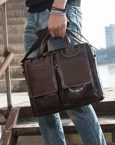 Cool Coffee Leather Mens 13 inches Vertical Briefcase Side Bag Messenger Bags Work Bags Courier Bag for Men