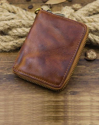 Brown Men Leather Zip Billfold Small Chain Wallet with Coin Pocket Biker Bifold Chain Wallet for Men