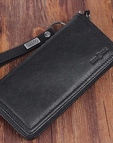 Genuine Leather Mens Cool Long Leather Wallet Zipper Clutch Wristlet Wallet for Men