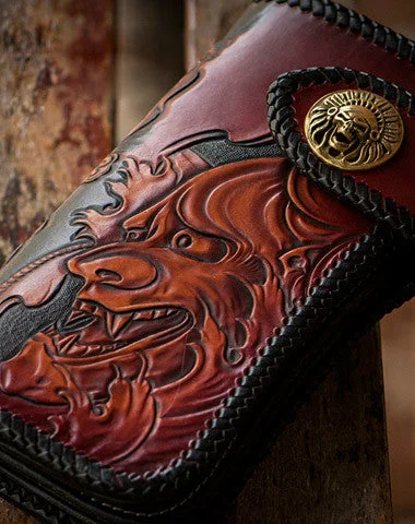 Handmade black brown leather prajna carved biker wallet Long wallet clutch for men