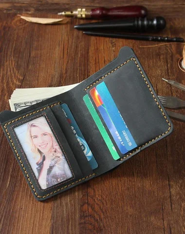 Handmade Black Leather Mens Billfold Wallet Personalize Black Bifold Small Wallets for Men