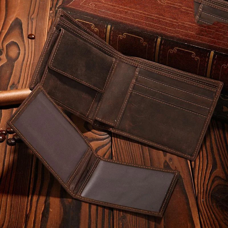 Handmade Brown Leather Mens Bifold Billfold Wallets With Coin Pocket Small Wallet for Men