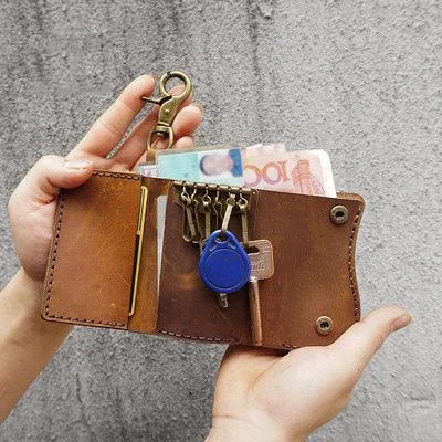 Handmade Leather Mens Billfold Wallet Key Wallets Slim Trifold Key Holder Wallet for Men