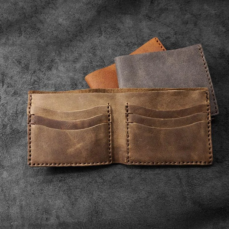 Handmade Leather Mens Billfold Wallets Slim Brown Bifold Small Wallet for Men