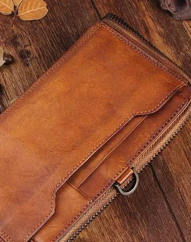 Handmade Leather Mens Cool Long Leather Wallet Bifold Clutch Wallet for Men