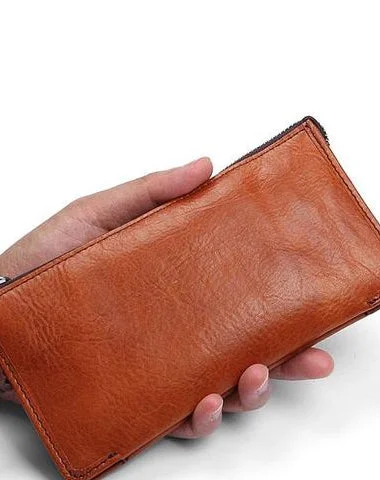 Handmade Leather Mens Cool Long Leather Wallet Zipper Clutch Wristlet Wallet for Men