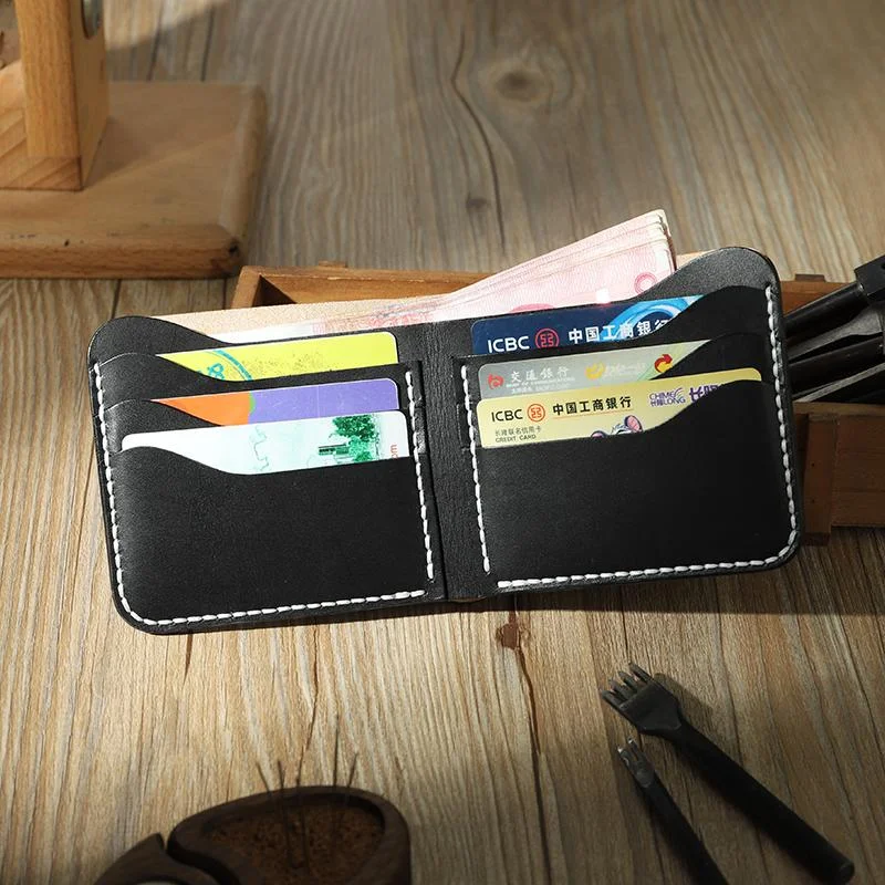 Handmade Slim Black Leather Mens Billfold Wallet Personalize Bifold Small Wallets for Men