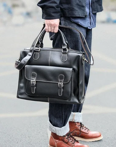 Handmade Black Mens Leather Briefcase Work Handbag Dark Brown 14'' Computer Briefcase For Men